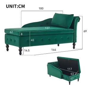 Velvet Chaise Lounge Sofa with Storage, Upholstered Chaise lounge Couch with Pillow for Living Room, Right Armrest, Green