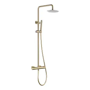 Brushed Brass Shower Overhead Rainfall Rigid Riser Thermostatic Valve Kit