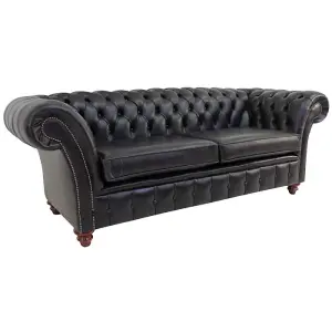 Chesterfield 3 Seater Old English Black Leather Sofa Bespoke In Balmoral Style