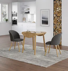 Hallowood Furniture Ledbury Round Drop Leaf Dining Light Oak Colour Table Set with 2 Dark Grey Fabric Chairs