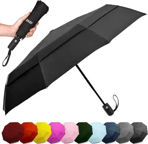 EEZ-Y Compact Travel Umbrella w/ Windproof Double Canopy Construction