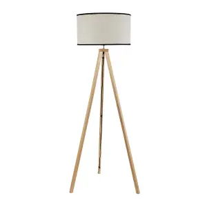 ValueLights Barbro Wooden Tripod Floor Lamp with Natural Linen with Black Trim Drum Shade