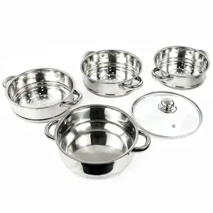 4TIER 24CM STEEL INDUCTION HOB STEAMER MULTI VEG S/S COOKER POT PAN W GLASS LID