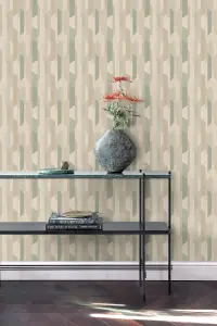 Grandeco Woodblock Geometric Kiruna Textured Wallpaper,  Beige Green