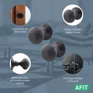 AFIT Beehive Reeded Black Door Knob Set - 3 Pairs of Matt Black Mortice Knobs (55mm) & Latch (76mm) for Internal Doors