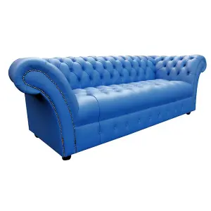 Chesterfield 3 Seater Buttoned Seat Deep Ultramarine Blue Leather Sofa Bespoke In Balmoral Style