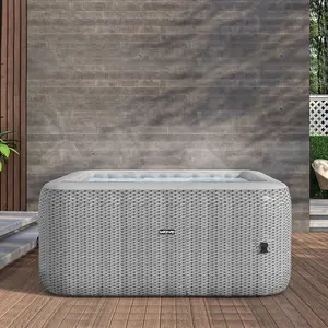 Wave Pacific 4 Person Square Inflatable Hot Tub, 95 Massaging Air Jets, Grey Rattan