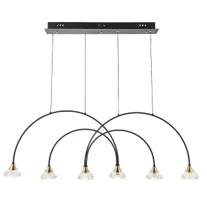 Matt Black Ceiling Pendant Bar Light - Brushed Brass Detailing - 6 Lamp Fitting