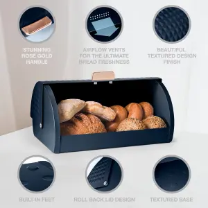 EHC Bread Bins for Kitchen, Bread Box with lid, Bread Container, Navy Blue, VENTILATED Back to keep Contents  Fresher for longer