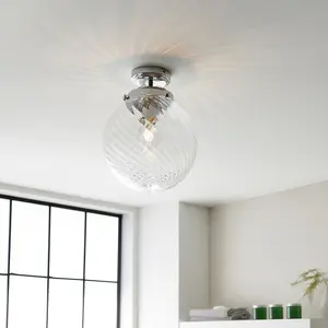 Decorative Flush Bathroom Ceiling Light Fitting - Clear Spiral Glass Shade