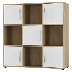 URBNLIVING 91cm Height 9 Cube Bookcase Oak Wood White Door Metal Handle Display Storage Shelf