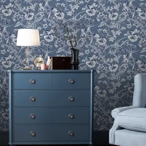 Laura Ashley Summerhill Midnight Blue Floral Smooth Wallpaper Sample