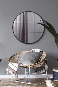 MirrorOutlet Circulus - Black Metal Framed Round Window Wall Mirror 31" X 31" (80x80CM)