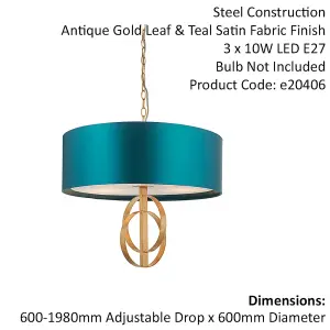 Antique Gold Ceiling Pendant Light & Teal Satin Shade - 3 Bulb Hanging Fitting