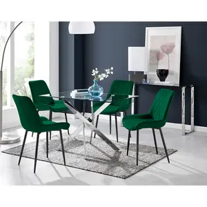 Lenworth Glass Rectangular Dining Table Set with 4 Luxury Velvet Chairs Green/Black / Silver