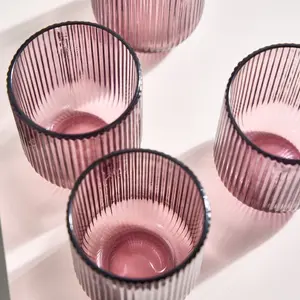 Set of 4 Vintage Luxury Pink Ribbed Short Drinking Glass Whisky Glass Tumbers 270ml