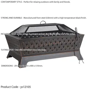 Modern Rectangular Black Fire Pit - Stylish Outdoor Wood Burner with Mesh Lid