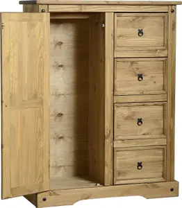 Corona 1 Door 4 Drawer Low Combi Wardrobe in Distressed Waxed Pine