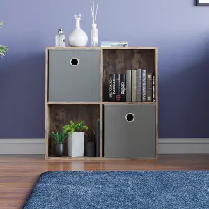 Vida Designs Durham Dark Wood 2x2 Cube Storage Unit & Set of 2 Grey Foldable Cube Storage Baskets