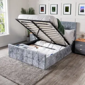 Crushed Velvet Bed Ottoman Bed Frame With Storage Underneath Luxury Silver Velvet Gas Lift Up Bed Frame With Memory Foam Mattress