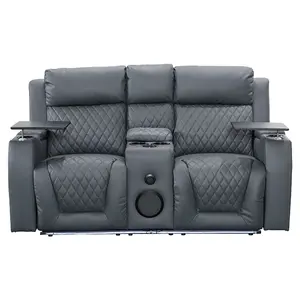 2 Seater Cinema Reclining Sofa with Wireless Charger and Console in Grey Aire Leather - Venice Series One