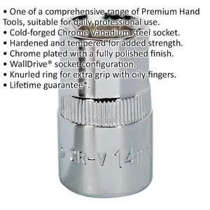 14mm Forged Steel Drive Socket - Premium Chrome Vanadium - 1/2 Inch Square Drive