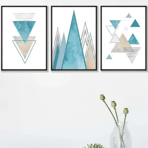 Set of 3 Mid Century Aqua Blue Abstract Geometric Wall Art Prints / 42x59cm (A2) / Black Frame