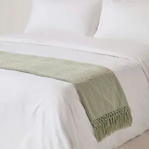 Homescapes Kashi Sage Green Cotton Throw with Tassels 150 x 200 cm