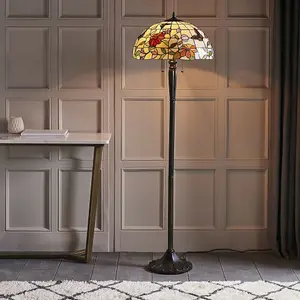 1.6m Tiffany Twin Floor Lamp Dark Bronze & Butterfly Stained Glass Shade i00007