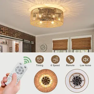 Garwarm Caged Rattan Boho flush mount Ceiling Fan with Remote-Controlled Light