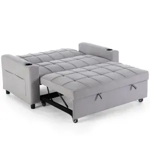 Hudson 2-Seater Sofa Bed Linen Fabric With Cup Holders Light Grey