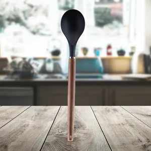 Solid Spoon Wood Handle Acacia Wooden Heat Resistant Solid Spoon Black