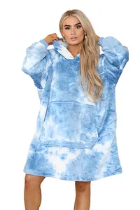 MS9 Women's Oversized Hoodie Wearable Blanket Hoodie Top With Sherpa Lining Dark Blue and White