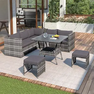 7 Seater Rattan Garden Patio Corner Sofa Set with High Glass Topped Dinning Table, for Indoor & Outdoor with Cushions, Grey