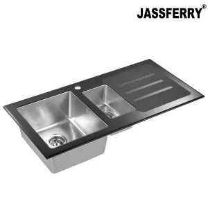 JASSFERRY Black Glass Top Kitchen Sink Stainless Steel 1.5 Deep Bowl Right Hand Drainer with Draining Groove