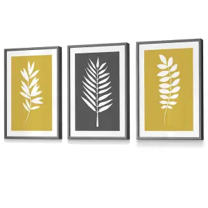 Set of 3 Yellow Grey Graphical Leaves Wall Art Prints / 30x42cm (A3) / Dark Grey Frame