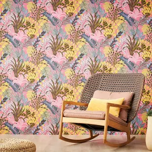 AS Creation Nala Cape Town Wallpaper Jungle Palm Leaf Pink Yellow Brown 37860-2