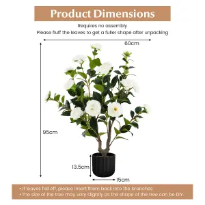 Costway Artificial Camellia Tree Faux Flower Plant Artificial Tree in Cement Pot Greenery Potted Plant Free Maintenance