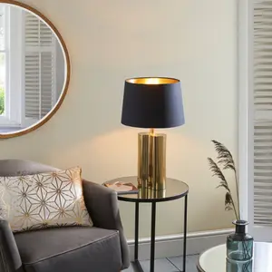 Table Lamp Gold Effect Plate & Black Cotton Fabric 40W E27 Bedside Light