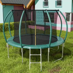 12ft Outdoor Round Trampoline with Safety Net Enclosure and Ladder for Garden, Dark Green