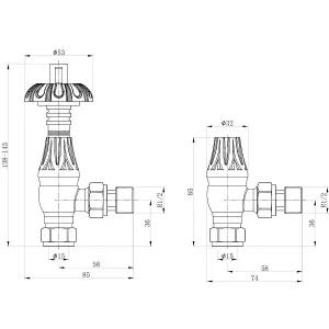 Pair of Dark Nickel Decorative Metal Head Angled Radiator Valves