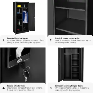 Filing Cabinet - locker with 6 shelf compartments, clothes rail, 2 wing doors - black