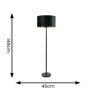 ValueLights Charles Black Stem Floor Lamp with Black Velvet and Gold Inner Lamp Shade and LED Bulb