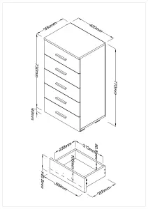 White gloss 5 drawer narrow Lido chest of drawers