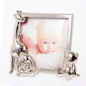 Small White Baby Photo Frame with Silver Plated Giraffe Elephant and Teddy Bear