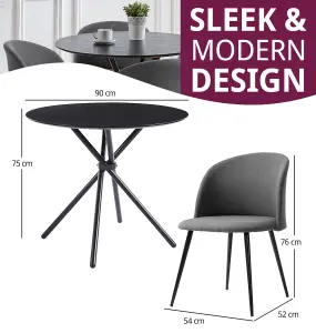 Hallowood Furniture Cullompton Small Round Black Dining Table 90cm with 4 Curved-back Dark Grey Fabric Chairs