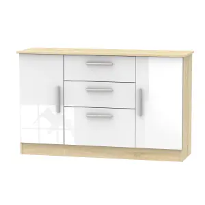 Trent 2 Door 3 Drawer Sideboard in White Gloss & Bardolino Oak (Ready Assembled)