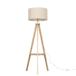 Ismay 149 cm Morrigan Wood Tripod Floor Lamp with Shelf & XL Reni Shade Light Brown / Biege / No