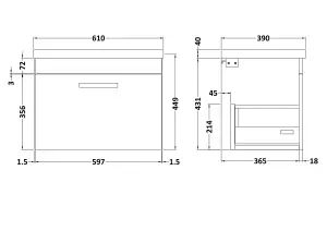 Rio 1 Drawer Wall Hung Vanity Basin Unit - 600mm - Gloss White with Brushed Brass D Handle (Tap Not Included)