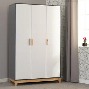 Cleveland 3 Door Wardrobe in White and Pine with Grey Metal Effect